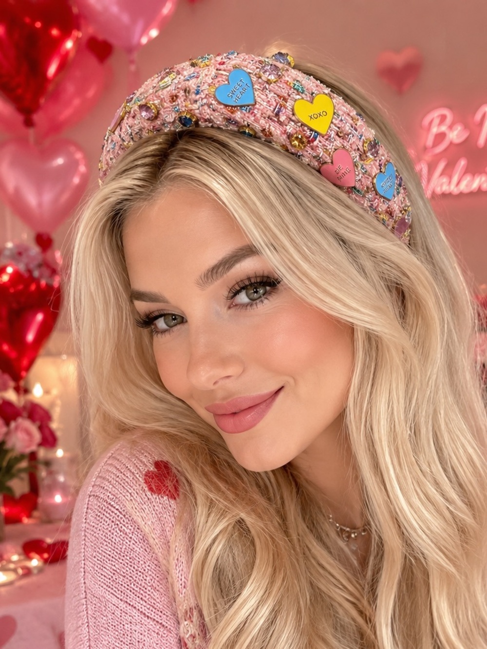 Brianna Cannon Pink Tweed Heart Candy Headband